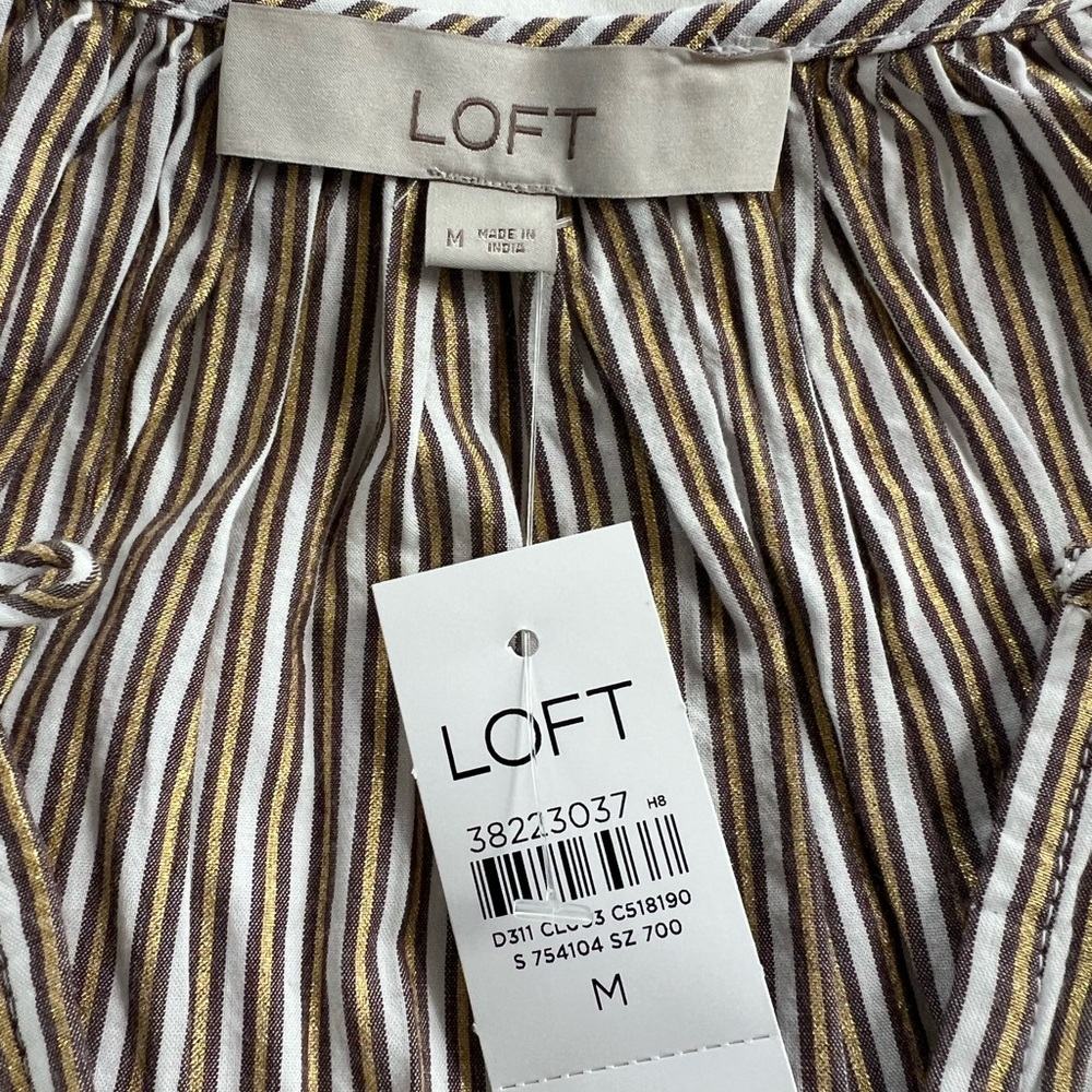LOFT Women's Blouse - Brown and White and Gold shimmer Stripes - Picture 2 of 6